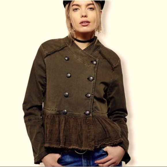 Anthropologie Free People Double Breasted Peplum Military Jacket Beige - Picture 2 of 5